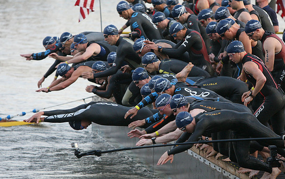 The start of the New York City Aquaphor Triathalon.  Manhattan, NY
