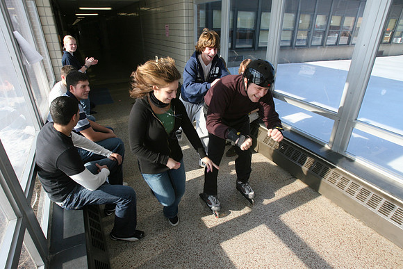Physics teacher Chris Damato becomes a working experiment for Kinematics students in the hallways of Pequannock HS.