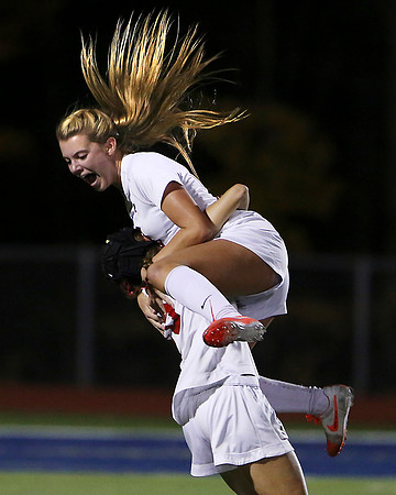 Northern Highlands players Hana Kerner and Casey Richards celebrate Kerner's goal for Northern Highlands against IHA in the Bergen County Tournament.