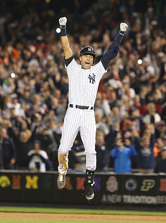 Derek Jeter celebrates his game winning hit in the ninth inning during his last game at Yankee Stadium.    Bronx, NY