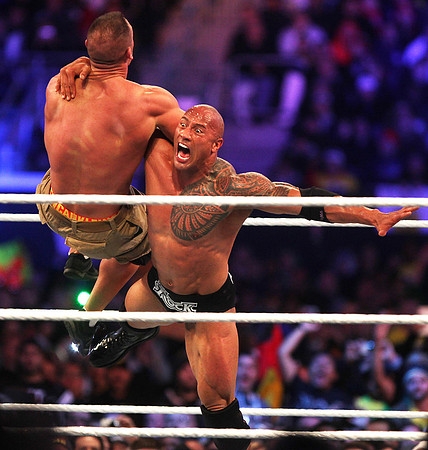 John Cena and The Rock during Wrestlemania. East Rutherford, NJ