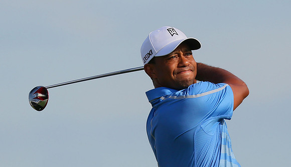 Tiger Woods tees off at the Barclays Golf Tournament. Jersey City, NJ