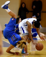 Chanise Jenkins of DePaul was called for fouling Ka-Deidre Simmons of Seton Hall on this play late in the game.